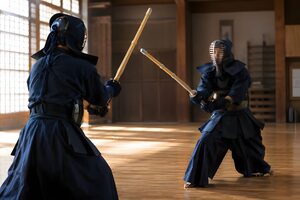 道場で竹刀を構えて向かい合う2人の剣道家