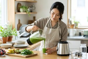 ブレンダーからスムージーを注ぐ女性