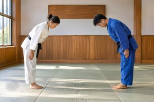 稽古の前に立って礼をする2人の柔道家