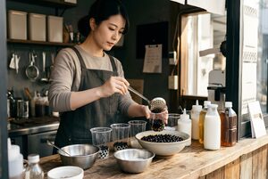 ドリンクスタンドで調理する女性