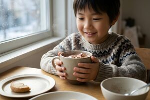 ココアを両手で持つ子ども