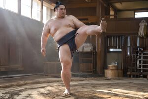稽古場で四股を踏む力士