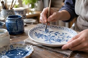 白い皿に筆で青い絵付けをする陶芸家の手元
