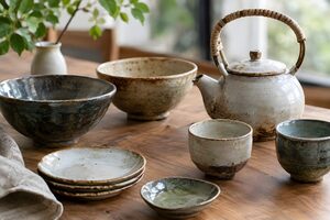 木のテーブルに並ぶ素朴な釉薬の陶器の食器