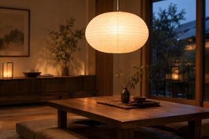 和紙のペンダントライトが灯るモダンな部屋