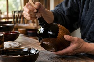 木地の椀に黒い漆を刷毛で塗る職人の手元
