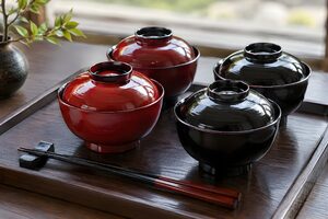 黒い盆に並ぶ赤と黒の漆の椀と箸