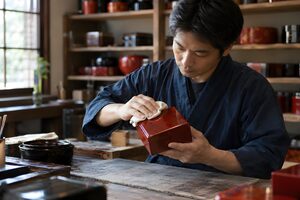 静かな工房で赤い漆の箱を磨く職人