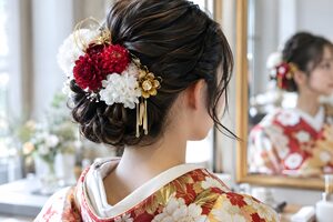 成人式のアップスタイルに生花とかんざしを飾った髪