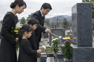墓地で墓石に水をかけて花を供える喪服の家族
