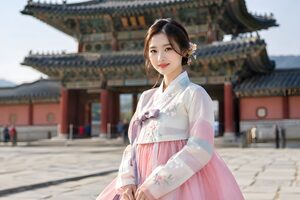 宮殿の門の前に立つ韓服姿の20代女性