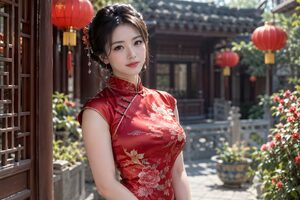 赤い提灯の中庭に立つチャイナドレスの30代女性