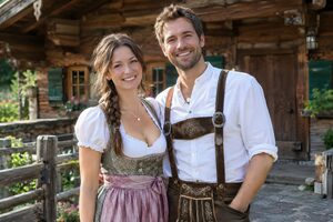 木造の山小屋の前に立つディアンドルとレーダーホーゼンの男女