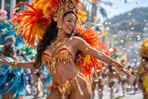 羽根とスパンコールの衣装で踊るカーニバルのダンサー