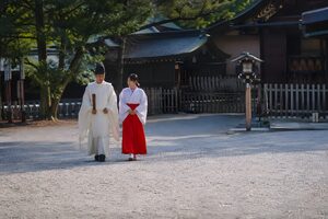 朝の境内を並んで歩く神職と巫女