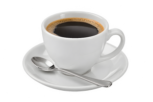 ソーサーとスプーンを添えた白いコーヒーカップ（背景透過）
