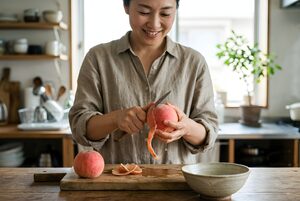 桃の皮をむく女性