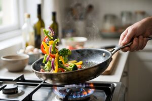 フライパンで野菜を炒める手元