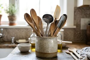 陶器の立てにまとめた調理道具