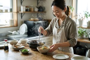 おたまでスープを注ぐ女性