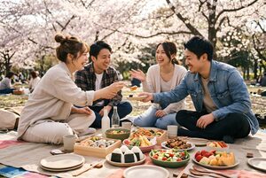 桜の下でお弁当を広げる友人たち
