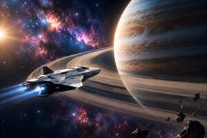 環のある巨大な惑星の前を飛ぶ白い宇宙船