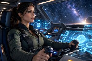 宇宙船のコックピットで操縦する30代の女性パイロット