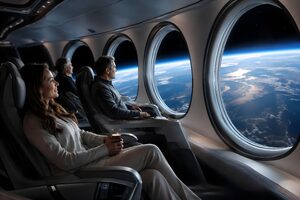 宇宙旅行の客室の窓から惑星を眺める乗客たち