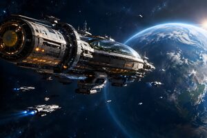 遠い惑星へ向かう巨大な移民宇宙船
