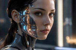 顔の一部から光る回路がのぞく女性型アンドロイド