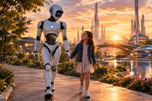 未来の公園で女の子と手をつないで歩く人型ロボット