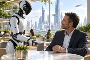 未来的なカフェでコーヒーを出す人型ロボット