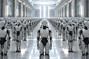 白い巨大なホールに整列する同型の人型ロボット