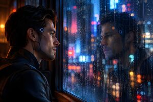 雨の窓に映る自分を見つめる男性型アンドロイド