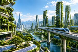 高層ビルに垂直庭園が広がる緑の未来都市