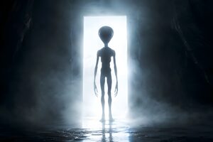 光の中に立つ細長い宇宙人のシルエット
