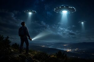 夜の丘で空に浮かぶUFOの光を見上げる男性