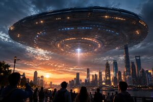 夕暮れの街に影を落とす巨大な宇宙母艦と見上げる人々