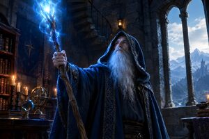 杖に青い光を灯す白ひげの老魔法使い