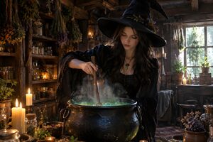 ハーブの並ぶ小屋で大鍋をかき混ぜる若い魔女