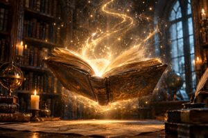 光の粒があふれる宙に浮いた魔導書