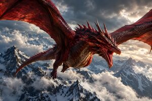 雪山の上空を翼を広げて飛ぶ赤いドラゴン