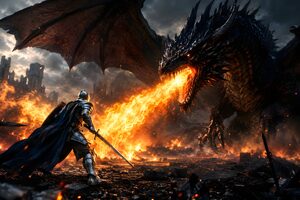炎を吐く黒いドラゴンに立ち向かう騎士