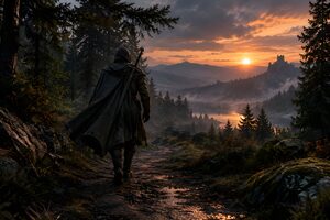 夕暮れの森の道を歩くフードの旅の剣士