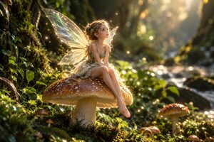苔むした森のキノコに座る光る羽の妖精