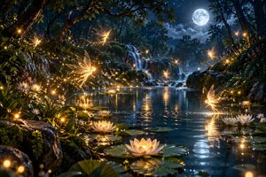 夜の森の池の上を舞う光の妖精たち