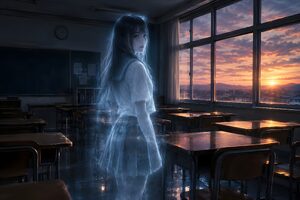 夕暮れの無人の教室に立つ透けた制服の少女
