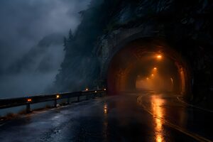 霧の立ち込める夜の古いトンネル