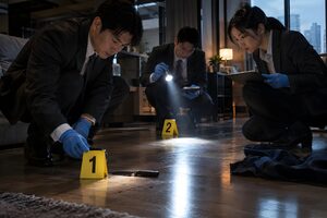 手袋をつけて証拠を調べる捜査員たち