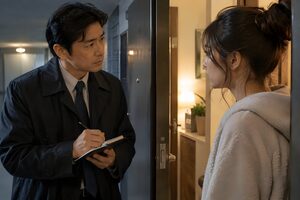 玄関先で目撃者の女性に聞き込みをする刑事